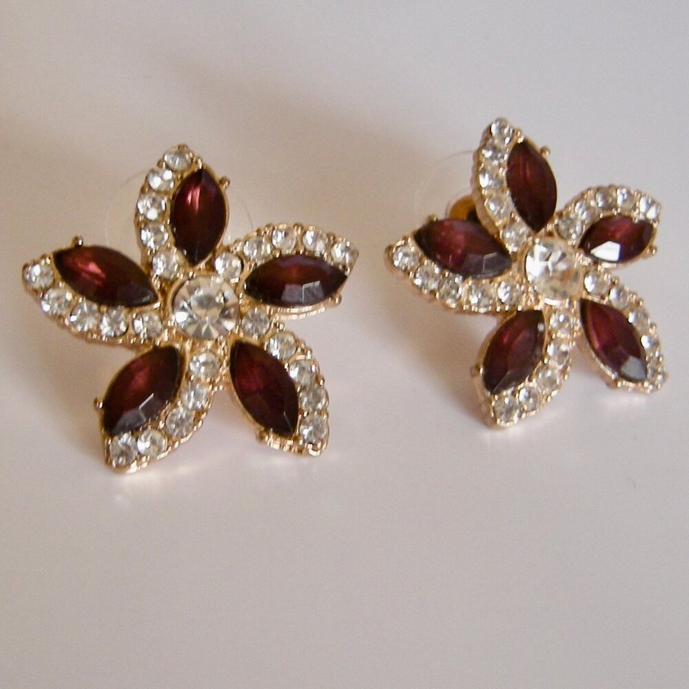 Rhinestone & Purple Cystal Flowers Pierced Post Earrings - Gold Tone